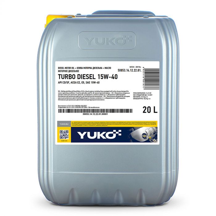 Олива моторна YUKO TURBO DIESEL 15W40 API CD/SF 17,5кг 20л